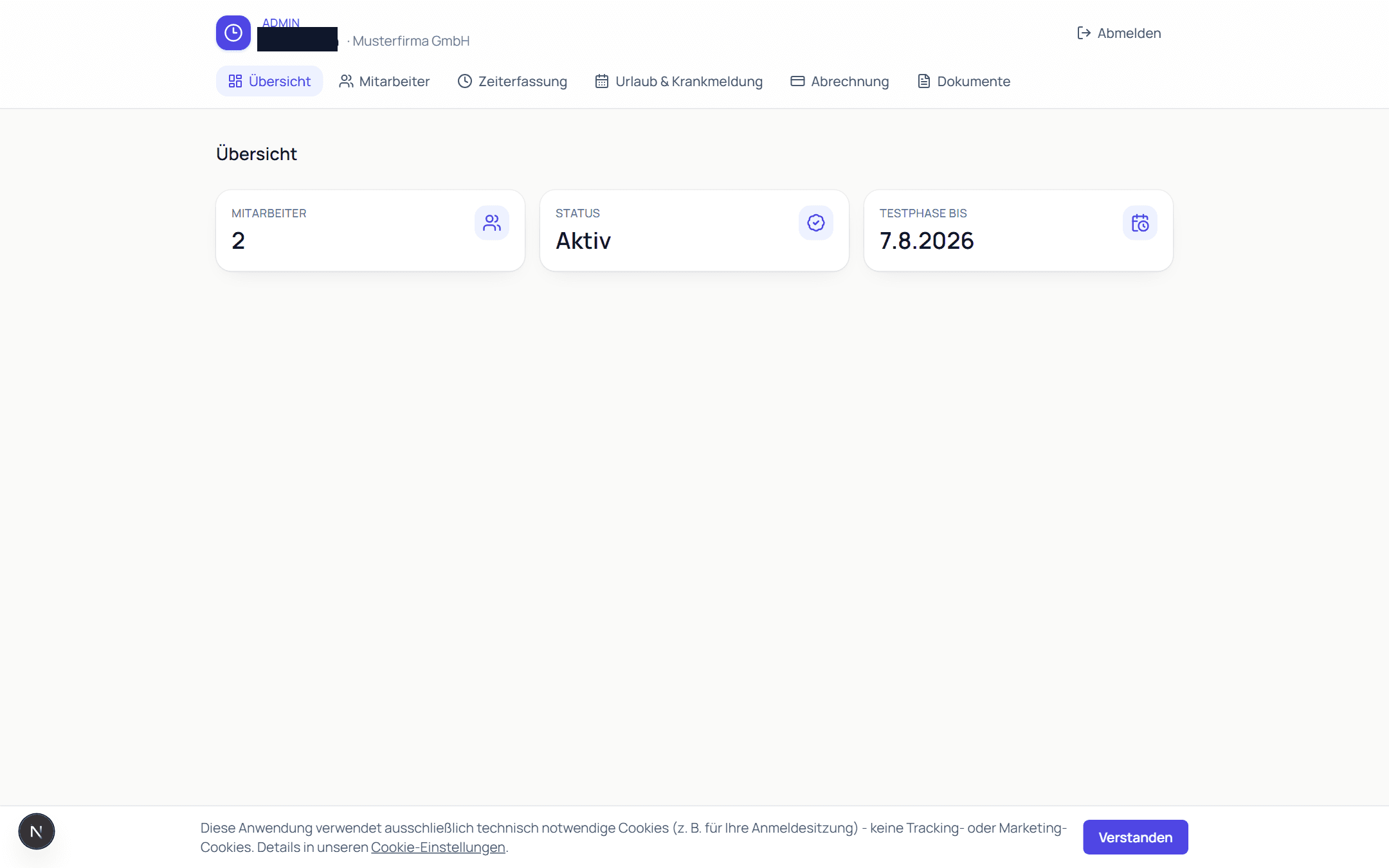 Admin-Übersicht mit Mitarbeiterzahl, Abo-Status und verbleibender Testphase