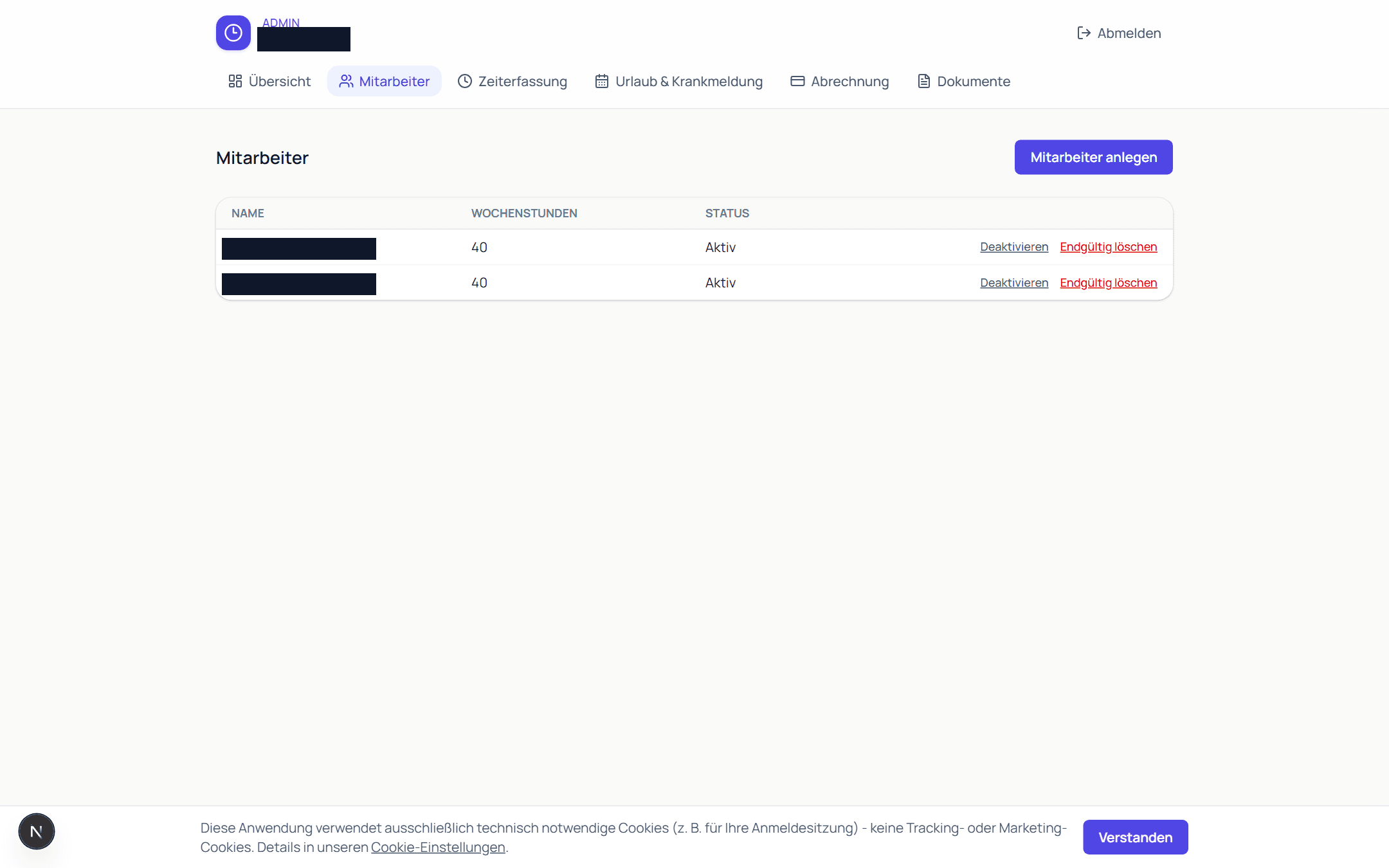 Mitarbeiterliste eines Admins mit Wochenstunden, Status und Verwaltungsoptionen