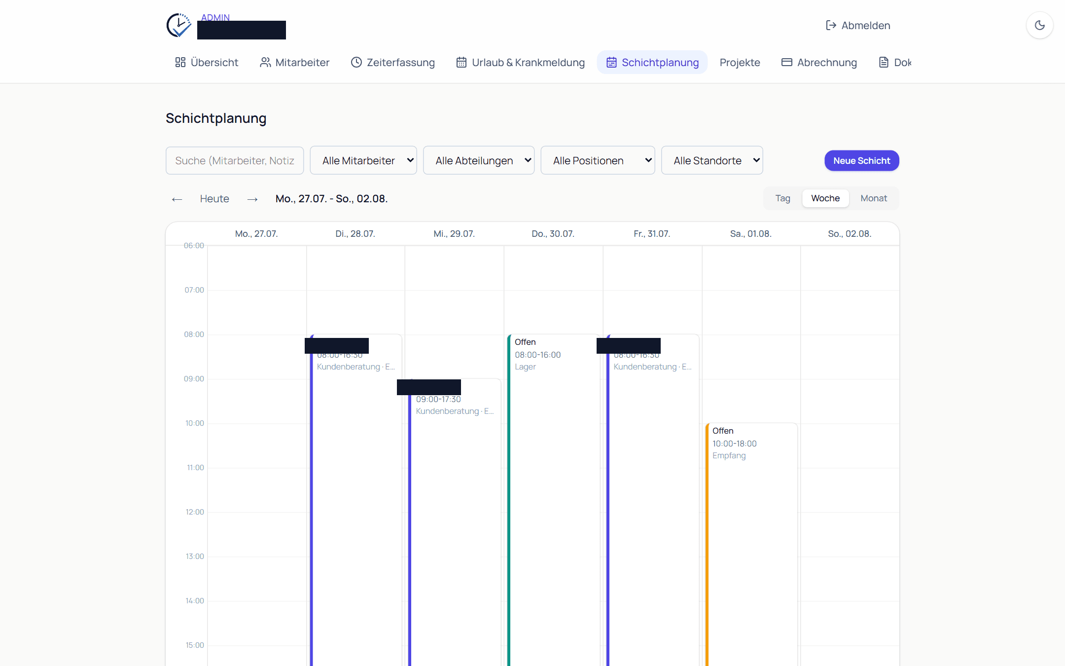 Schichtplanungs-Kalender mit per Drag & Drop verschiebbaren Schichten und Konflikt-Warnung