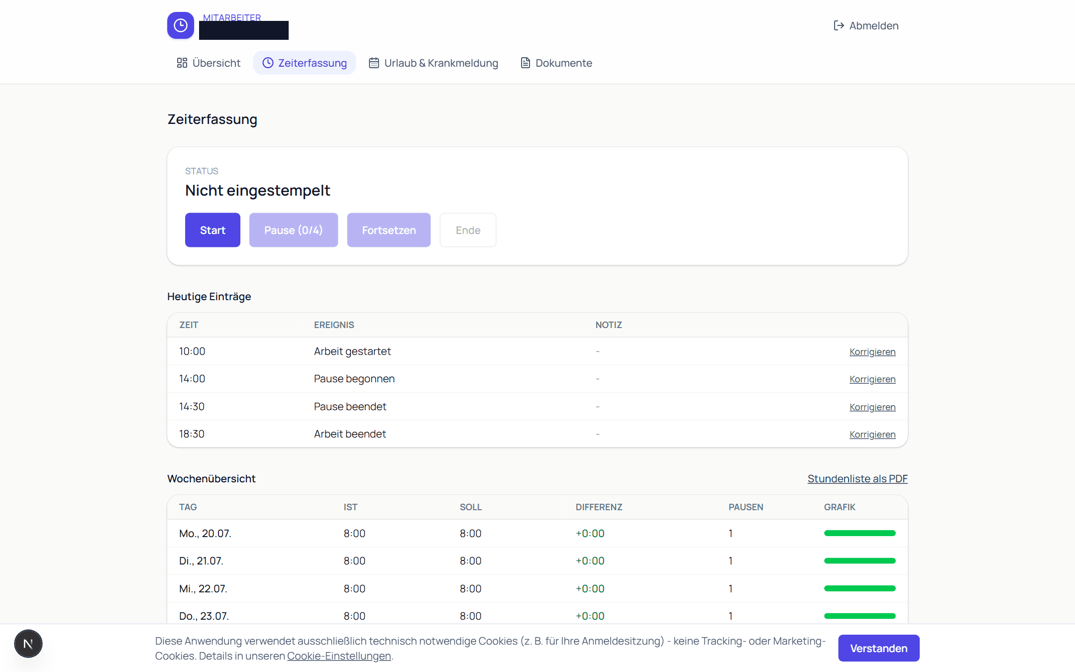Zeiterfassung eines Mitarbeiters mit Live-Status, heutigen Einträgen und Wochenübersicht