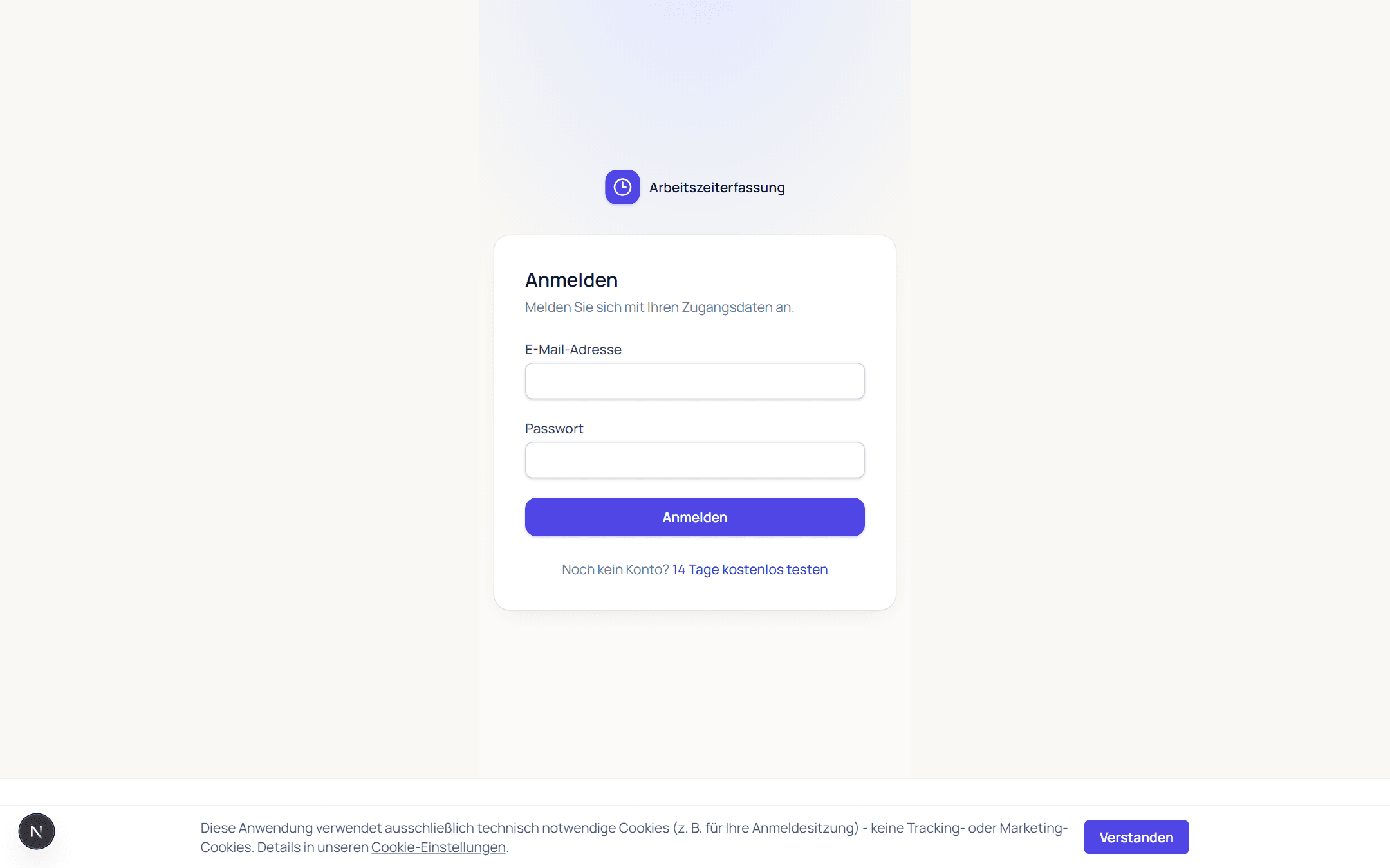 Login-Seite der Arbeitszeiterfassung