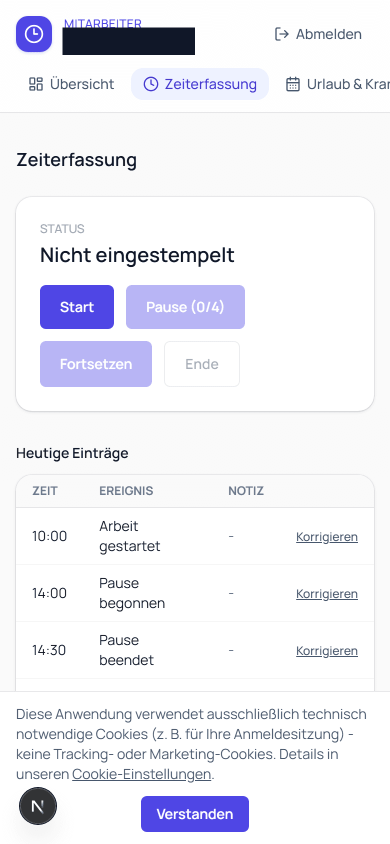 Mobile Ansicht der Zeiterfassung im Browser auf dem Smartphone